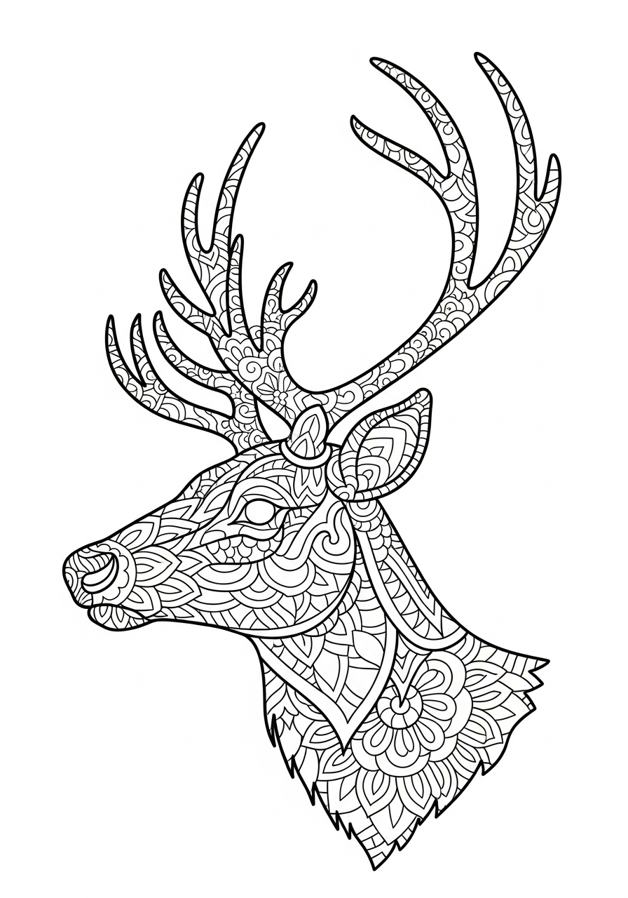 Reindeer Coloring Pages 11 Mandala pattern style reindeer head coloring page