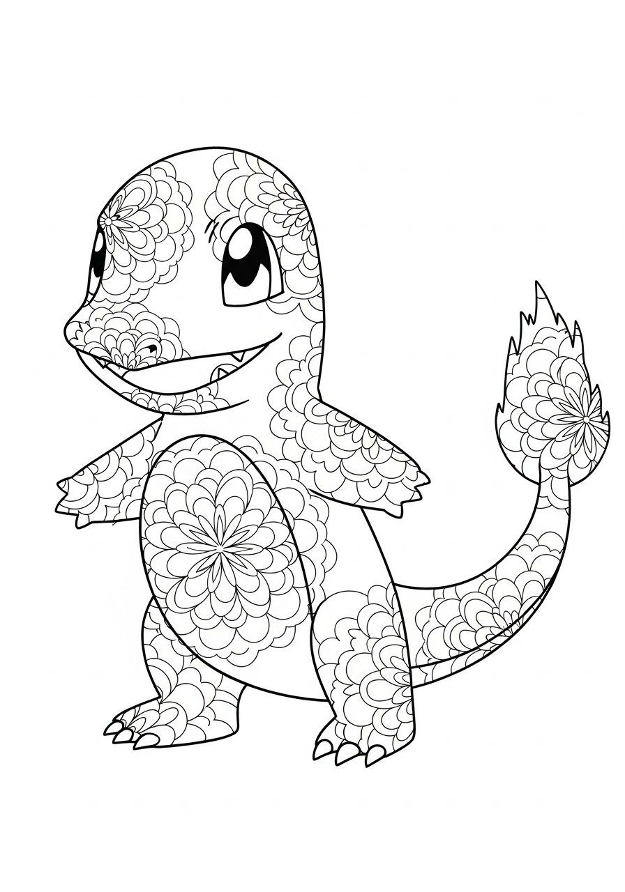 Charmander Coloring Pages 26 Mandala patterned Charmander art style coloring page