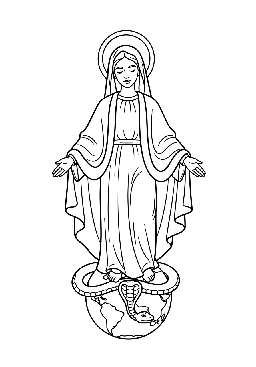 Mary crushing serpent on globe coloring page