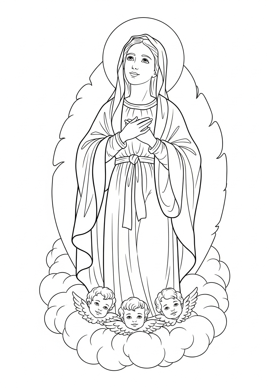Mary looking at baby angels coloring page