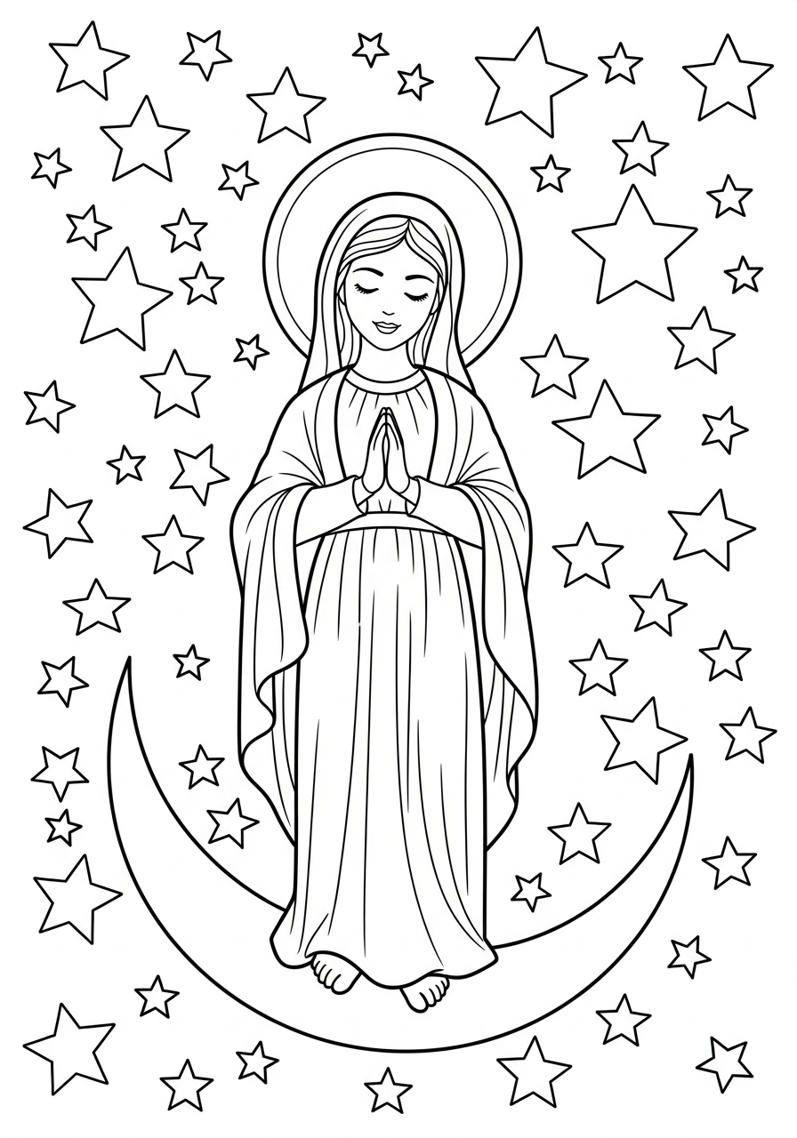 Mary on moon with stars coloring page