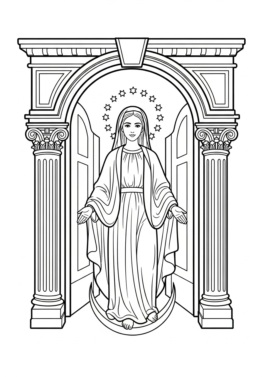 Mary standing before heaven gate coloring page