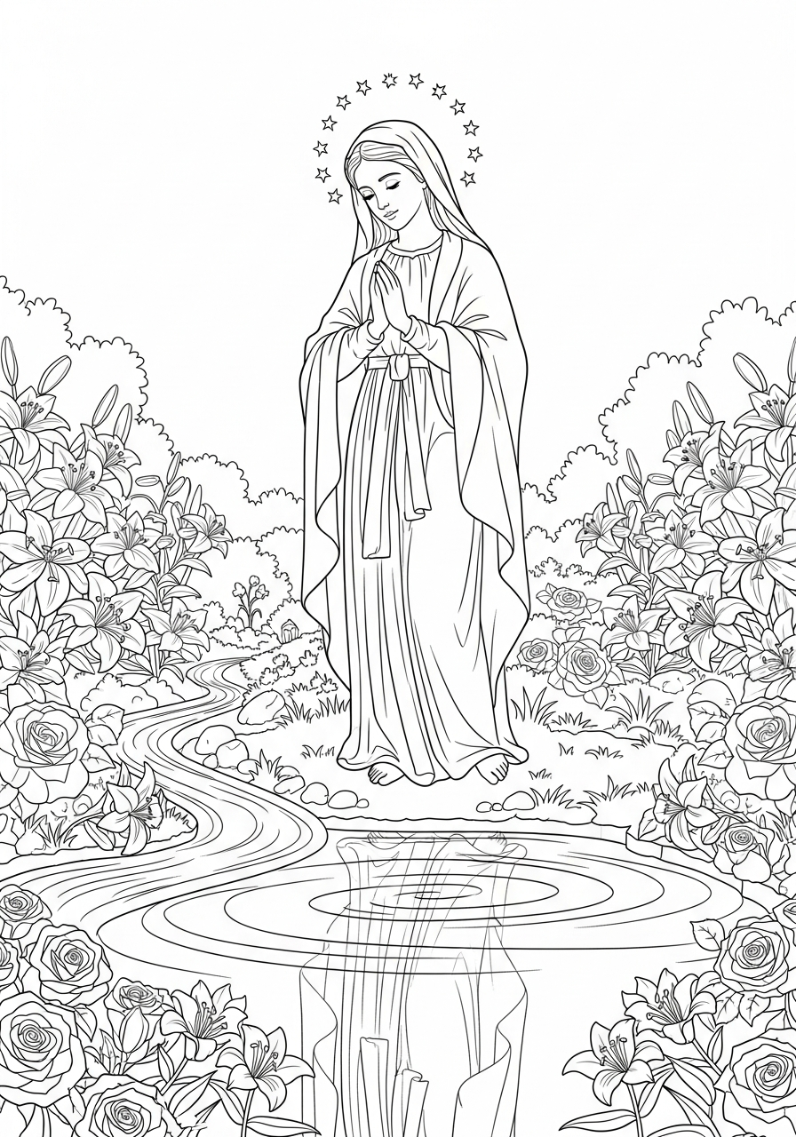 Mary standing by garden pool coloring page