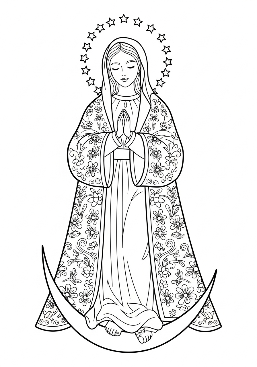 Mary with intricate embroidered robes coloring page
