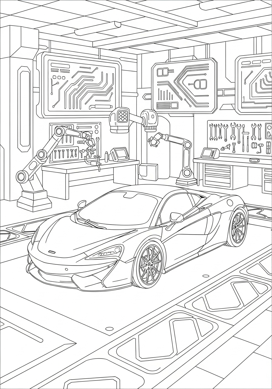McLaren Coloring Pages 25 McLaren inside futuristic garage coloring page