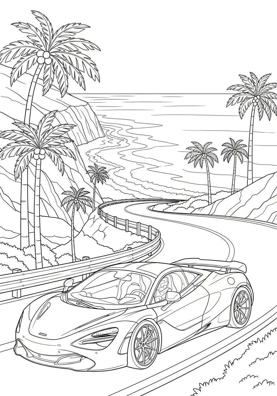 McLaren Coloring Pages 28 McLaren on coastal beach road coloring page