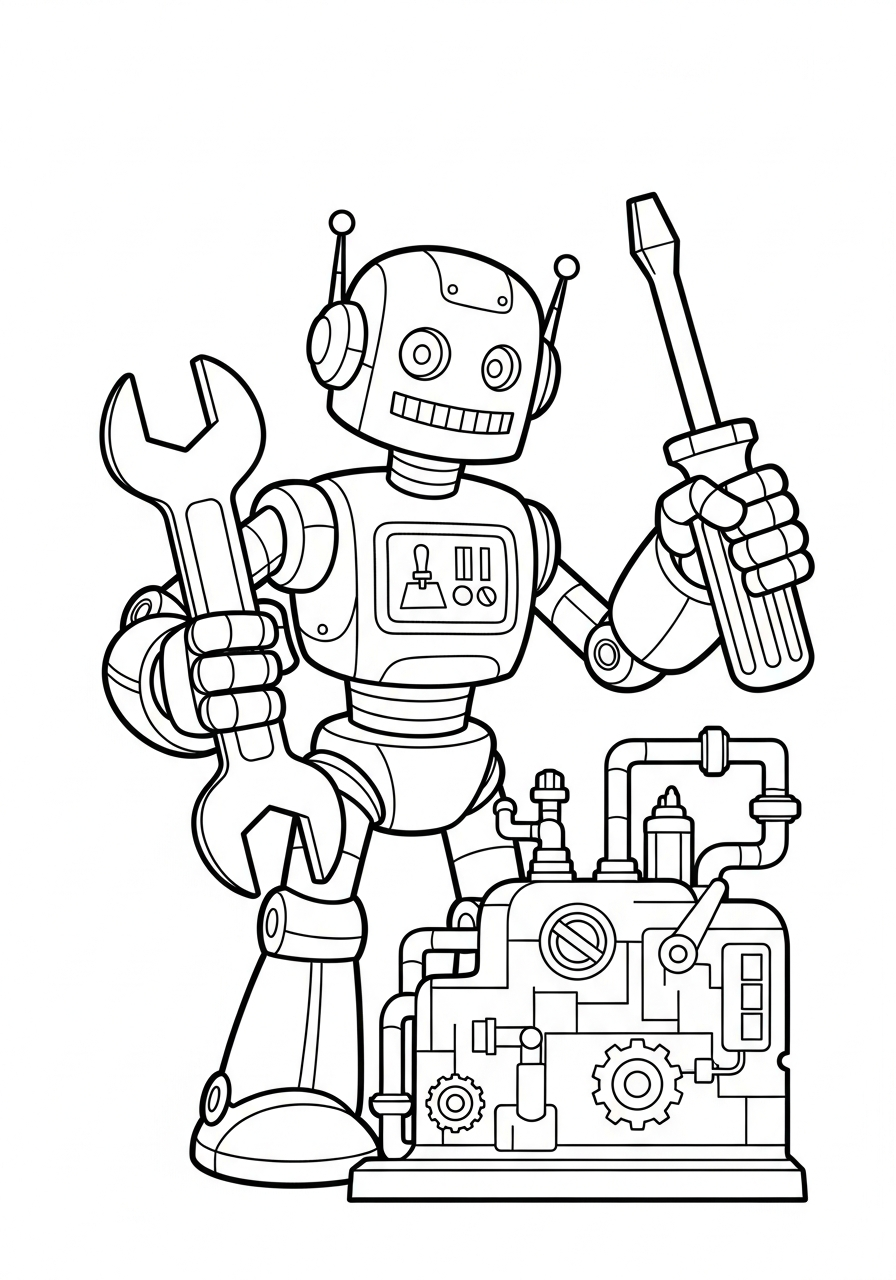 Robot Coloring Pages 19 Mechanic robot fixing machine tools coloring page