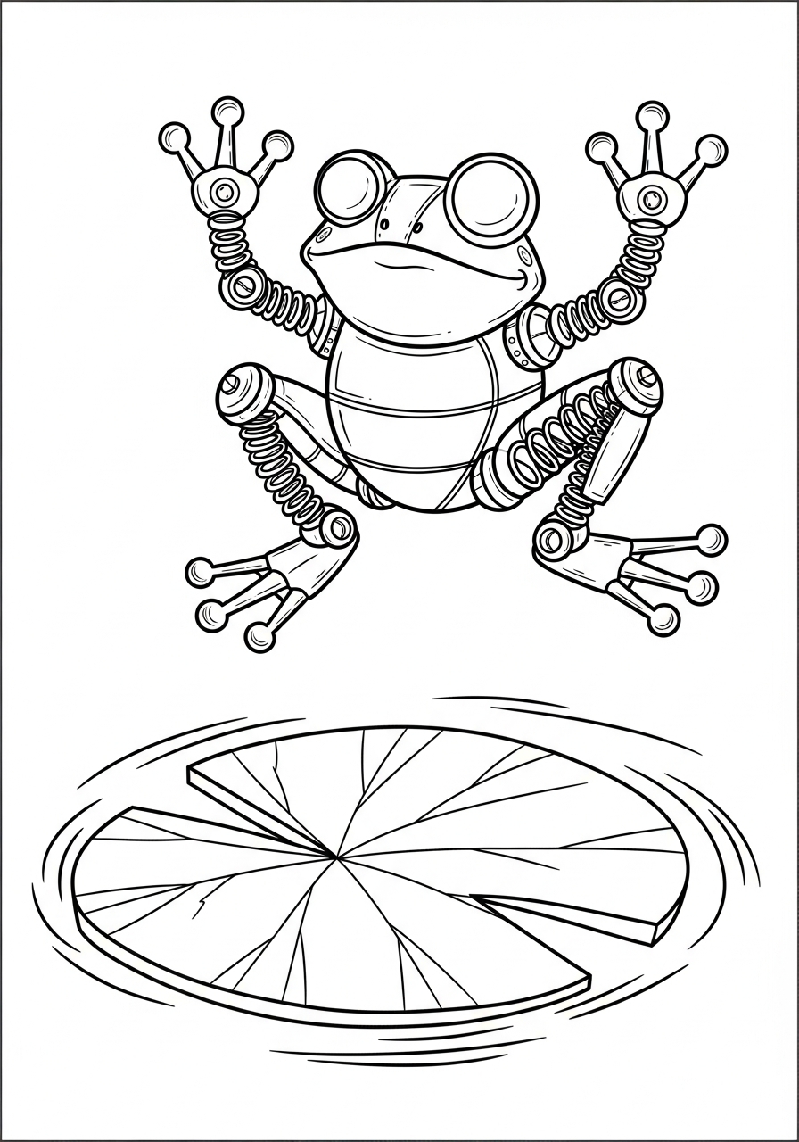 Robot Coloring Pages 21 Mechanical frog jumping on lilypad coloring page
