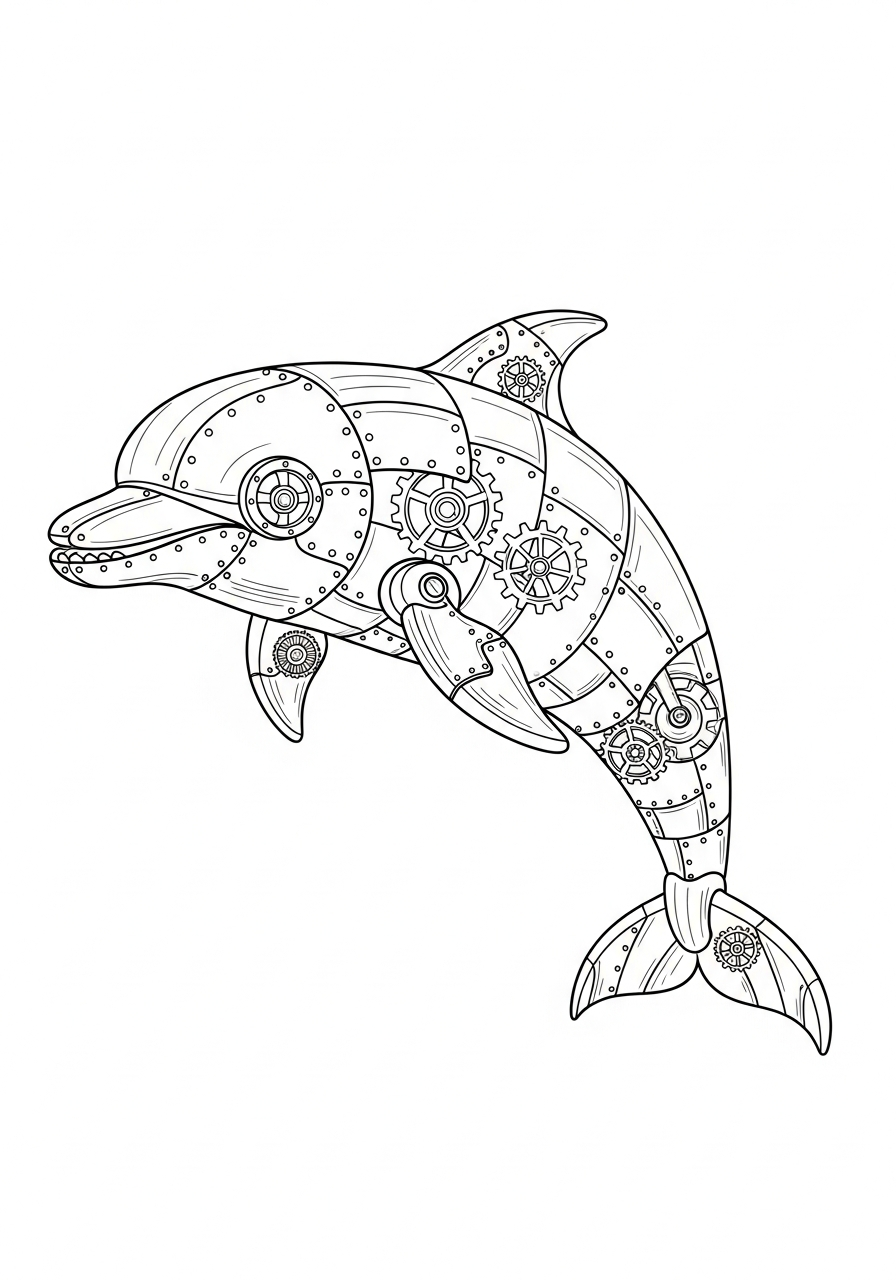 Dolphin Coloring Pages 25 Mechanical steampunk style gear dolphin coloring page