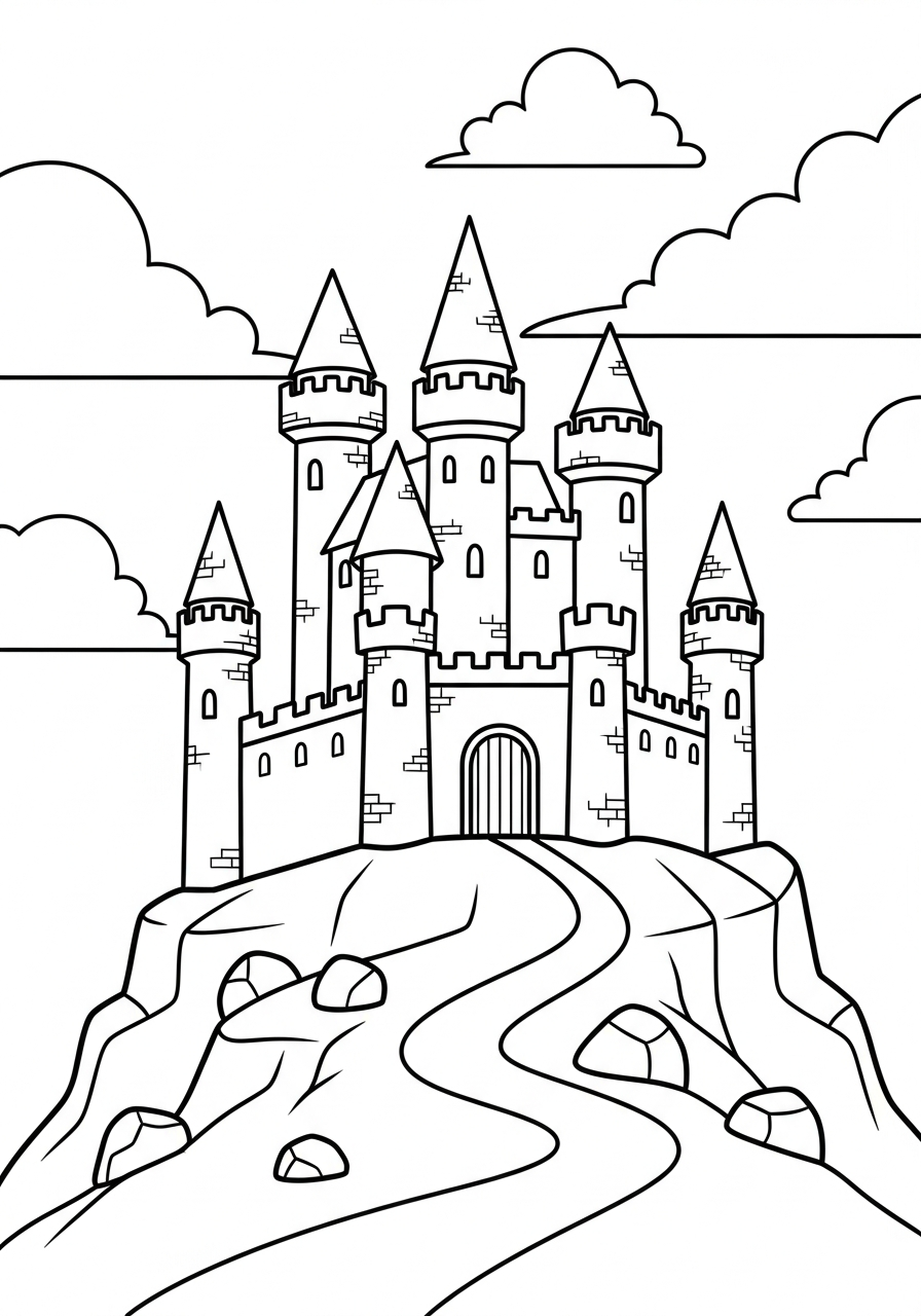 Castle Coloring Pages 11 Medieval stone castle on hill coloring page
