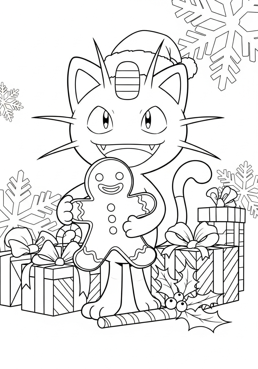 Pokemon Christmas Coloring Pages 13 Meowth holding gingerbread cookie coloring page