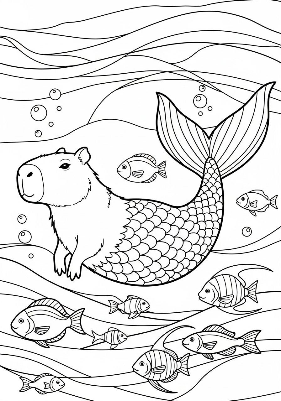 Capybara Coloring Pages 23 Mermaid capybara swimming underwater coloring page