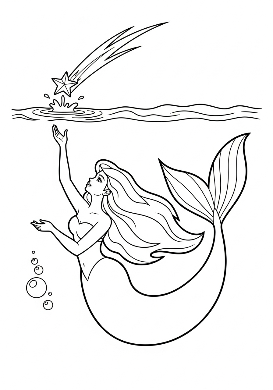 Mermaid Coloring Pages 6 Mermaid catching falling star underwater coloring page