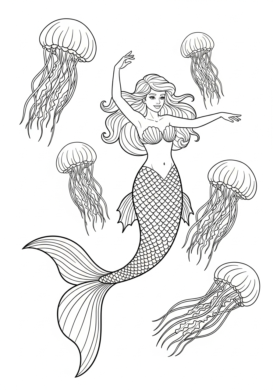 Mermaid Coloring Pages 7 Mermaid dancing with floating jellyfish coloring page