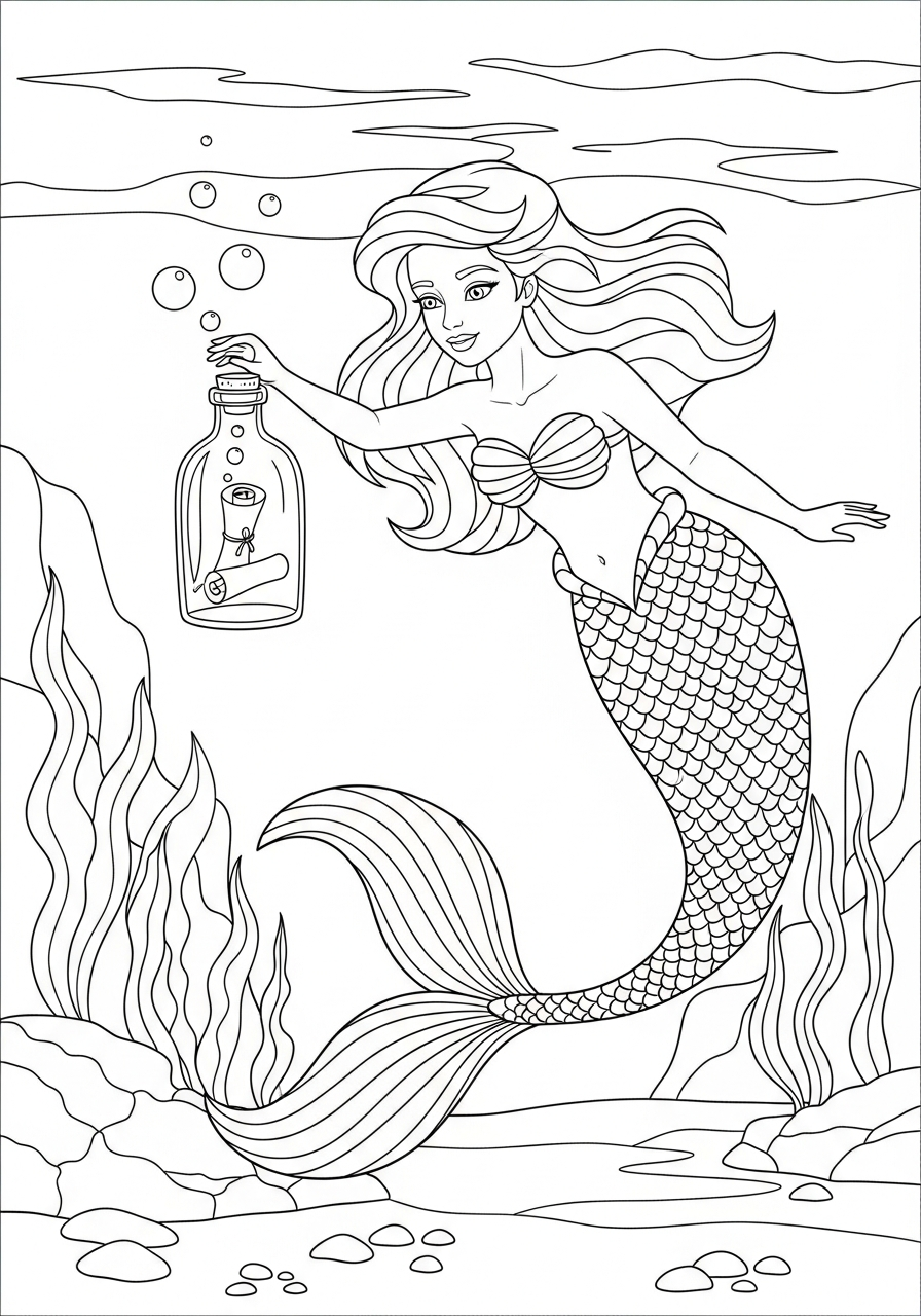 Mermaid Coloring Pages 8 Mermaid finding message in bottle coloring page