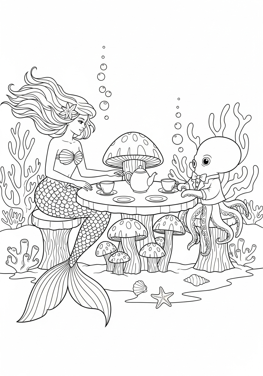 Mermaid Coloring Pages 9 Mermaid having tea with octopus coloring page