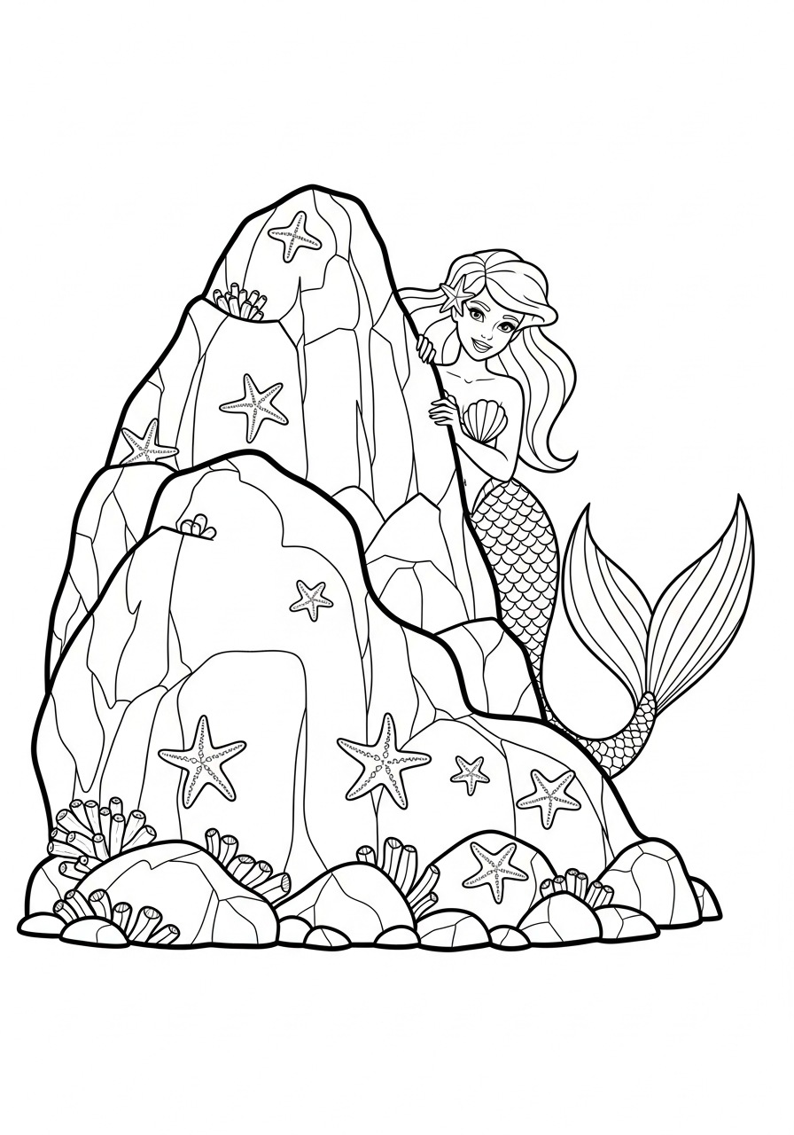 Mermaid Coloring Pages 10 Mermaid hiding behind large rock coloring page