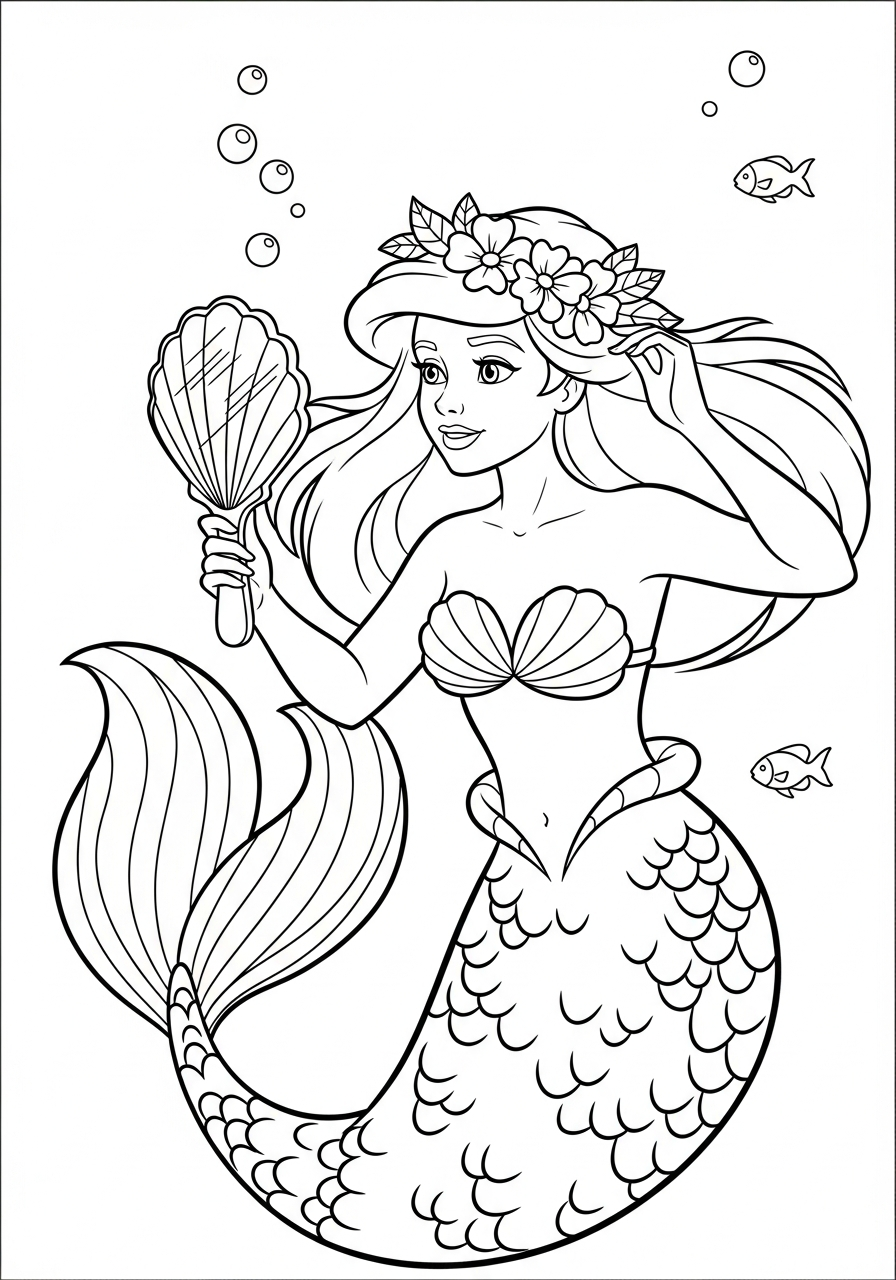 Mermaid Coloring Pages 13 Mermaid looking in shell mirror coloring page