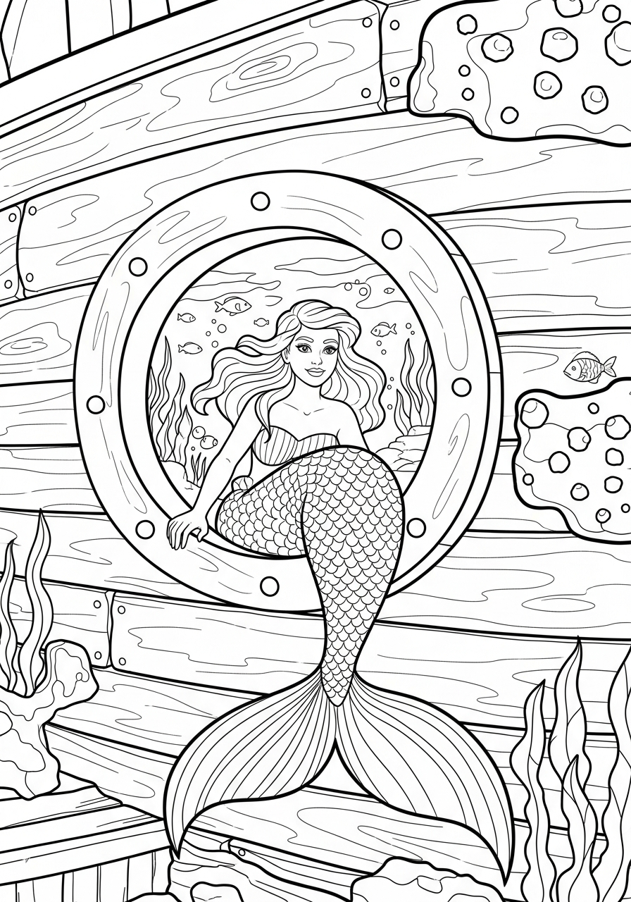 Mermaid Coloring Pages 14 Mermaid near sunken pirate ship coloring page
