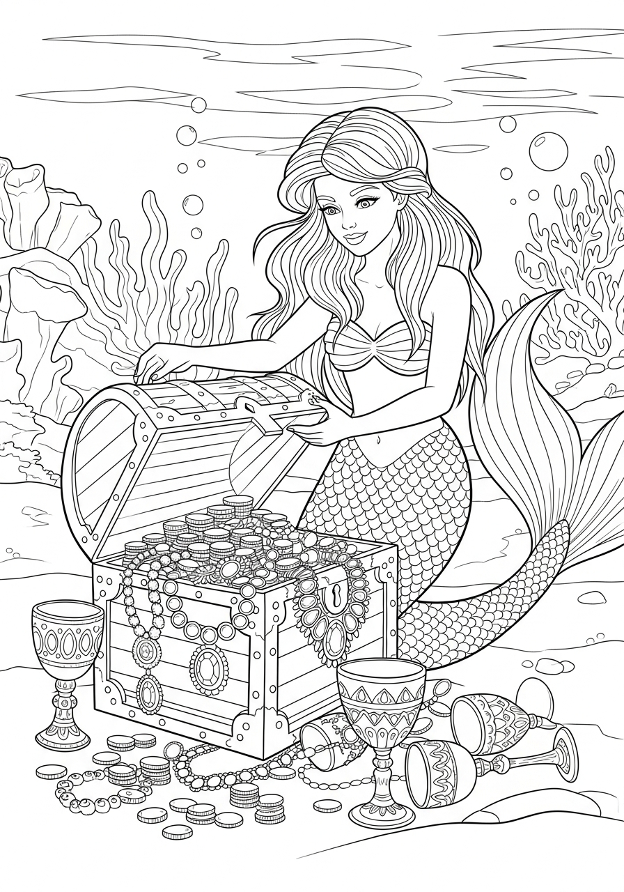 Mermaid Coloring Pages 15 Mermaid opening gold treasure chest coloring page