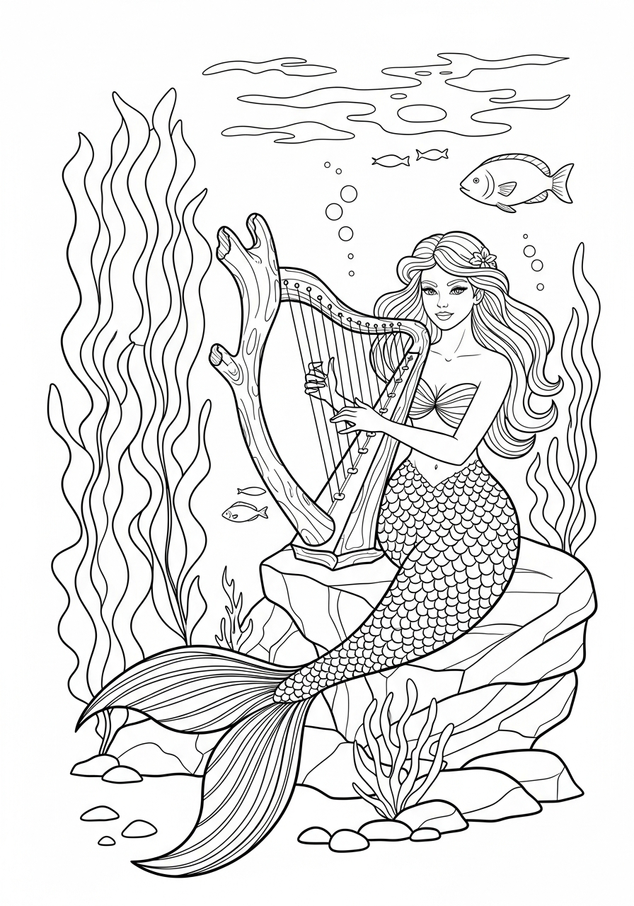 Mermaid Coloring Pages 16 Mermaid playing musical harp instrument coloring page