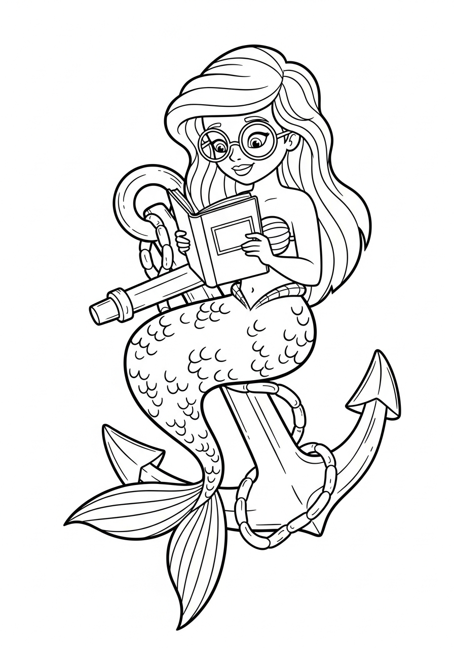 Mermaid Coloring Pages 17 Mermaid reading book on anchor coloring page