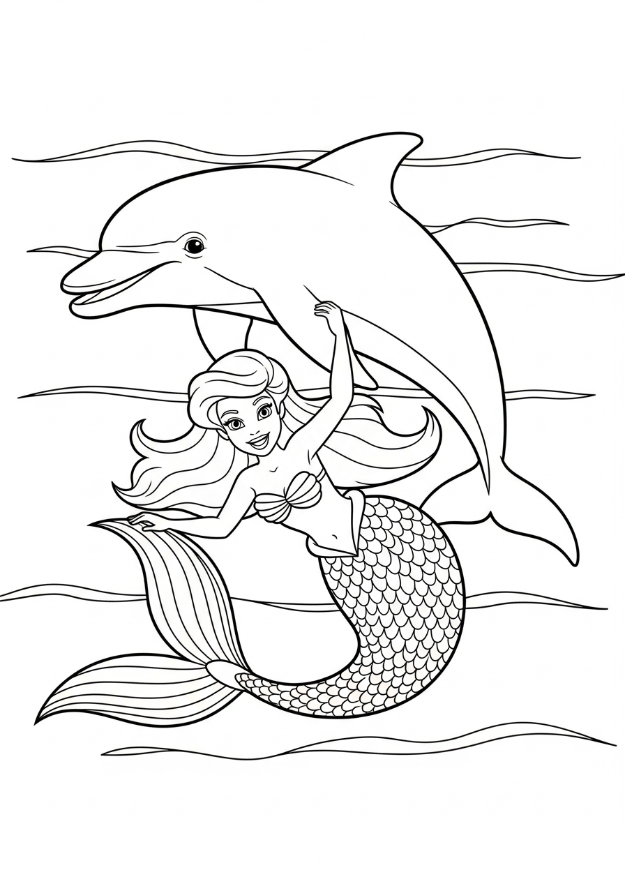 Mermaid Coloring Pages 19 Mermaid swimming with friendly dolphin coloring page