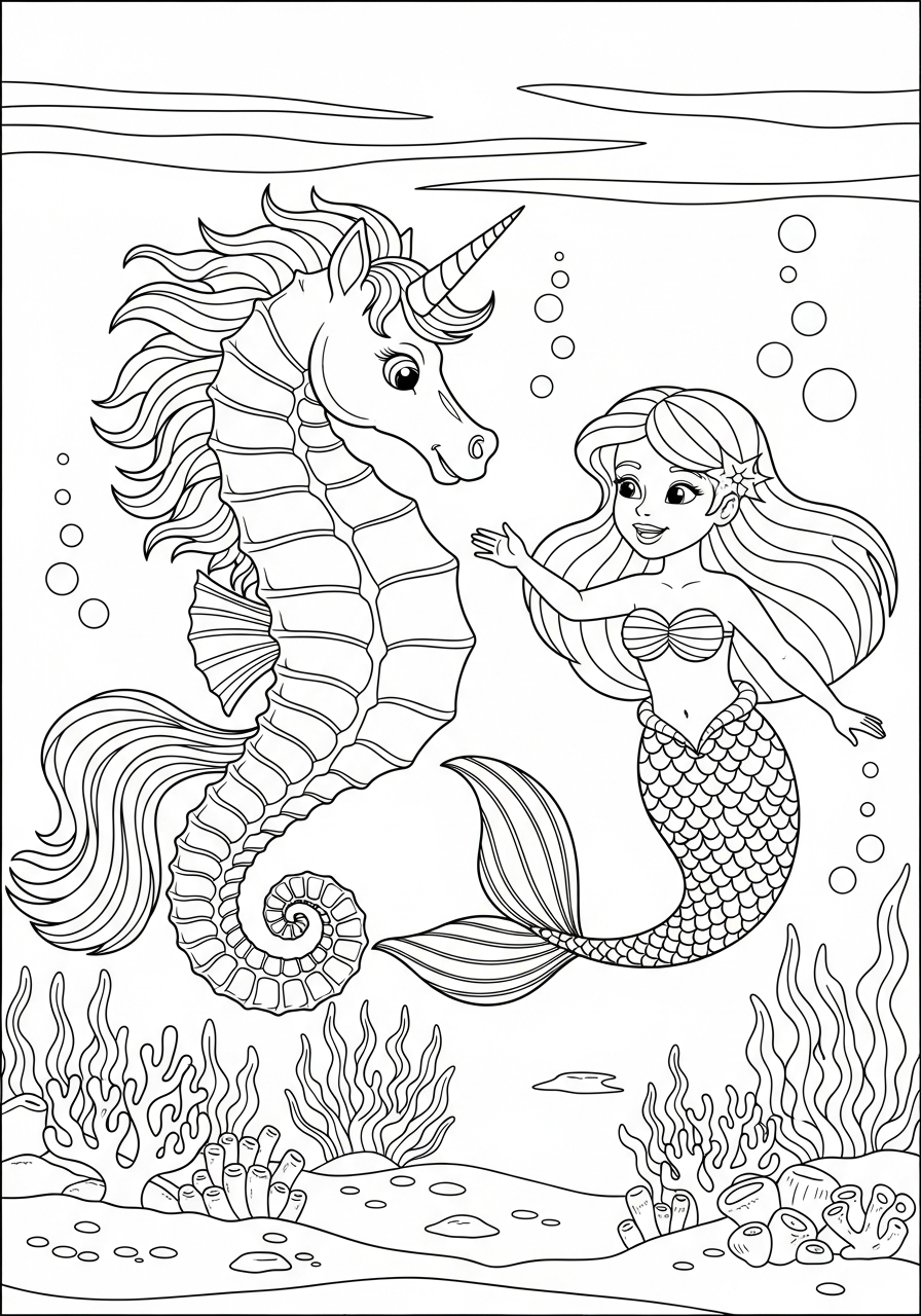 Mermaid Coloring Pages 20 Mermaid swimming with sea unicorn coloring page