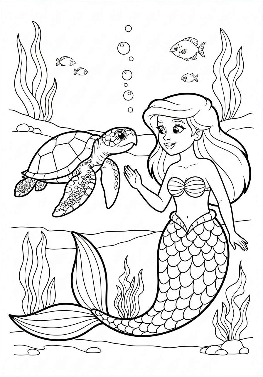 Mermaid Coloring Pages 22 Mermaid talking to sea turtle coloring page