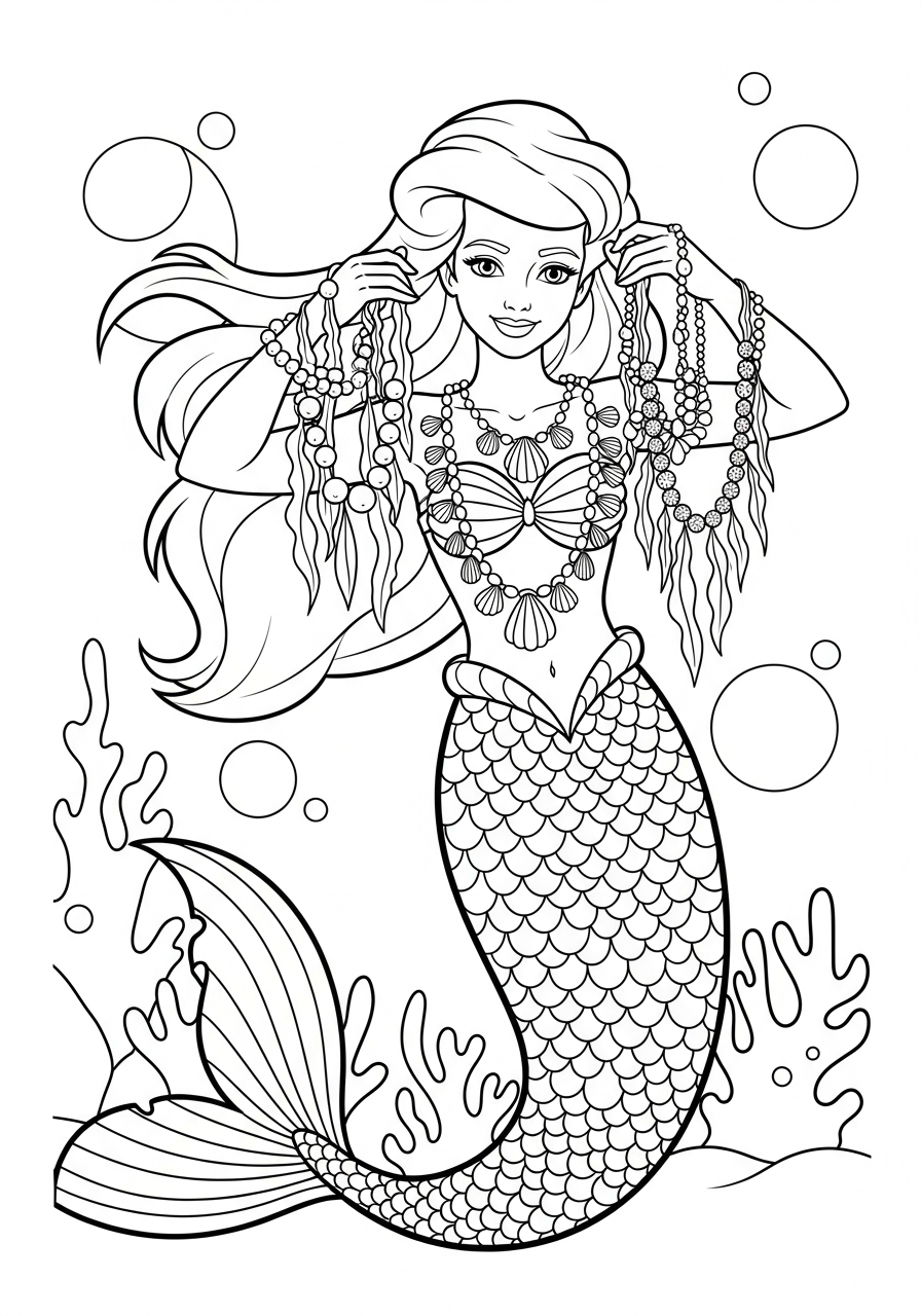 Mermaid Coloring Pages 23 Mermaid trying on shell necklace coloring page