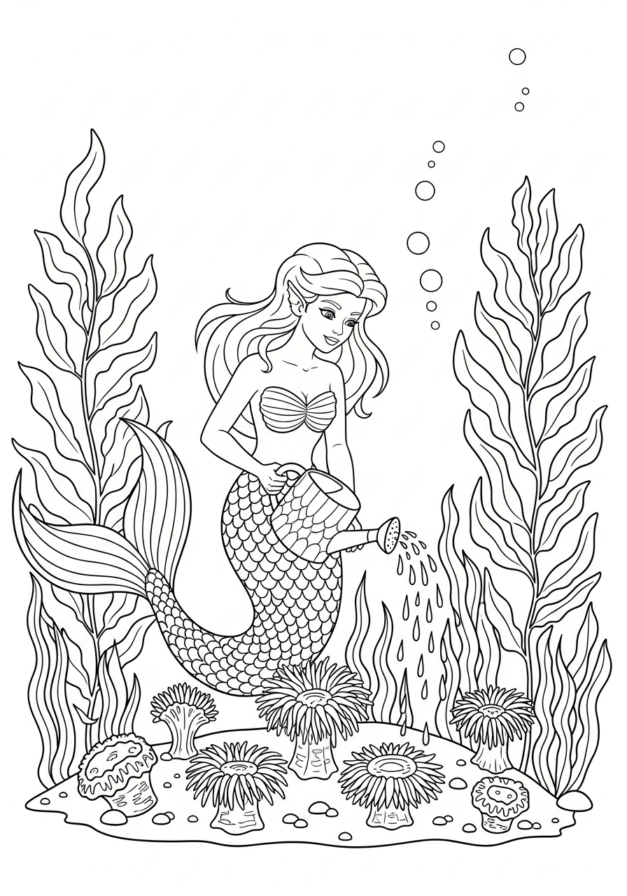 Mermaid Coloring Pages 24 Mermaid watering underwater flower garden coloring page