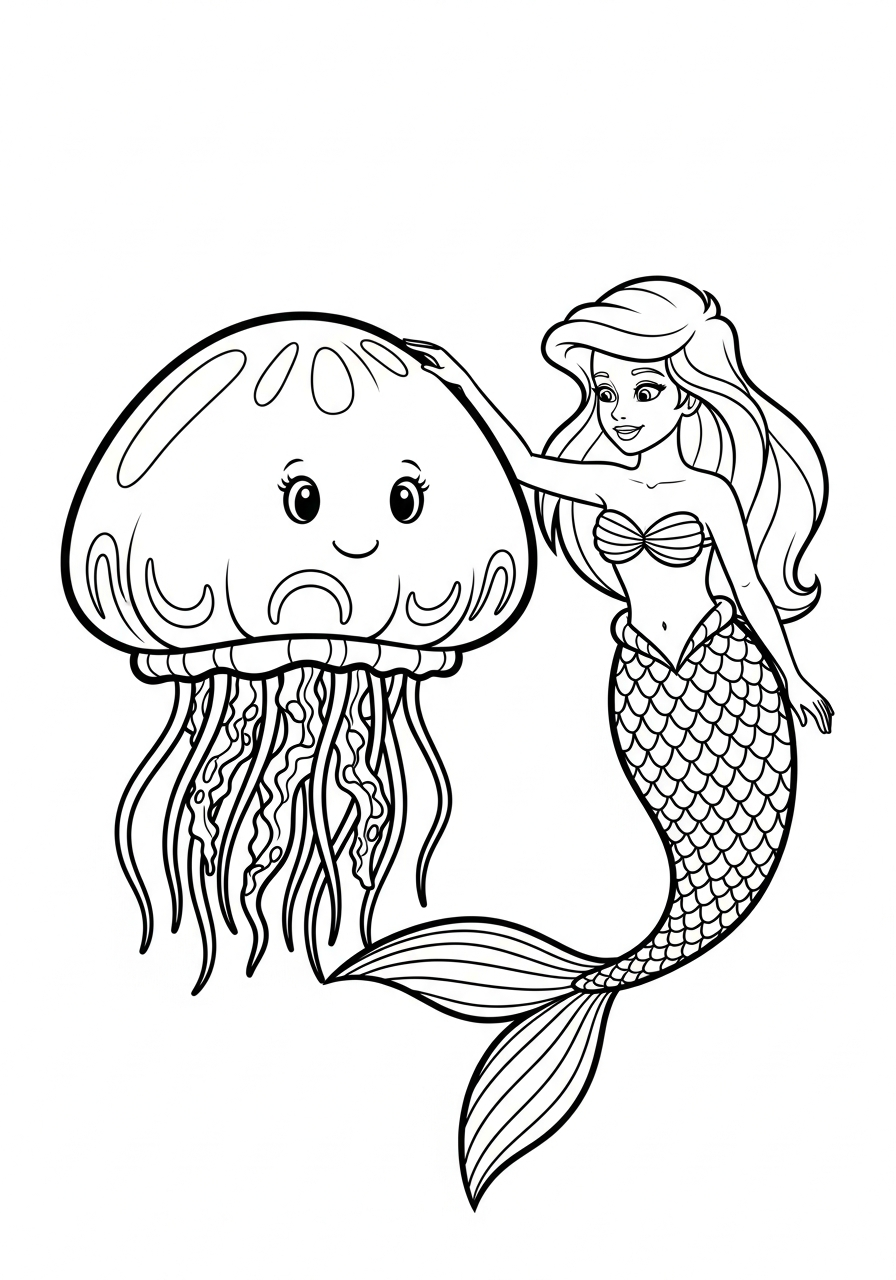 Jellyfish Coloring Pages 18 Mermaid with giant jellyfish coloring page