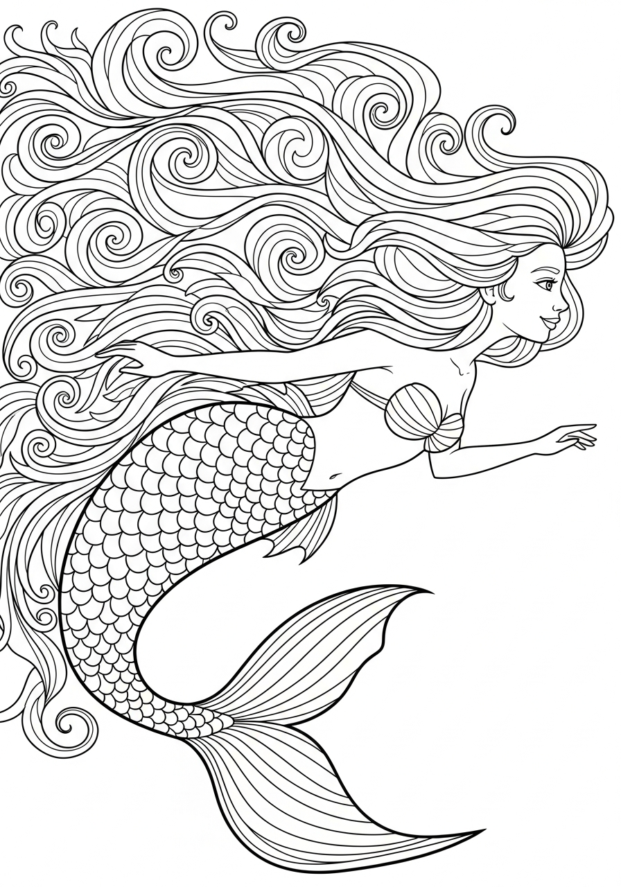 Mermaid Coloring Pages 26 Mermaid with long flowing hair coloring page