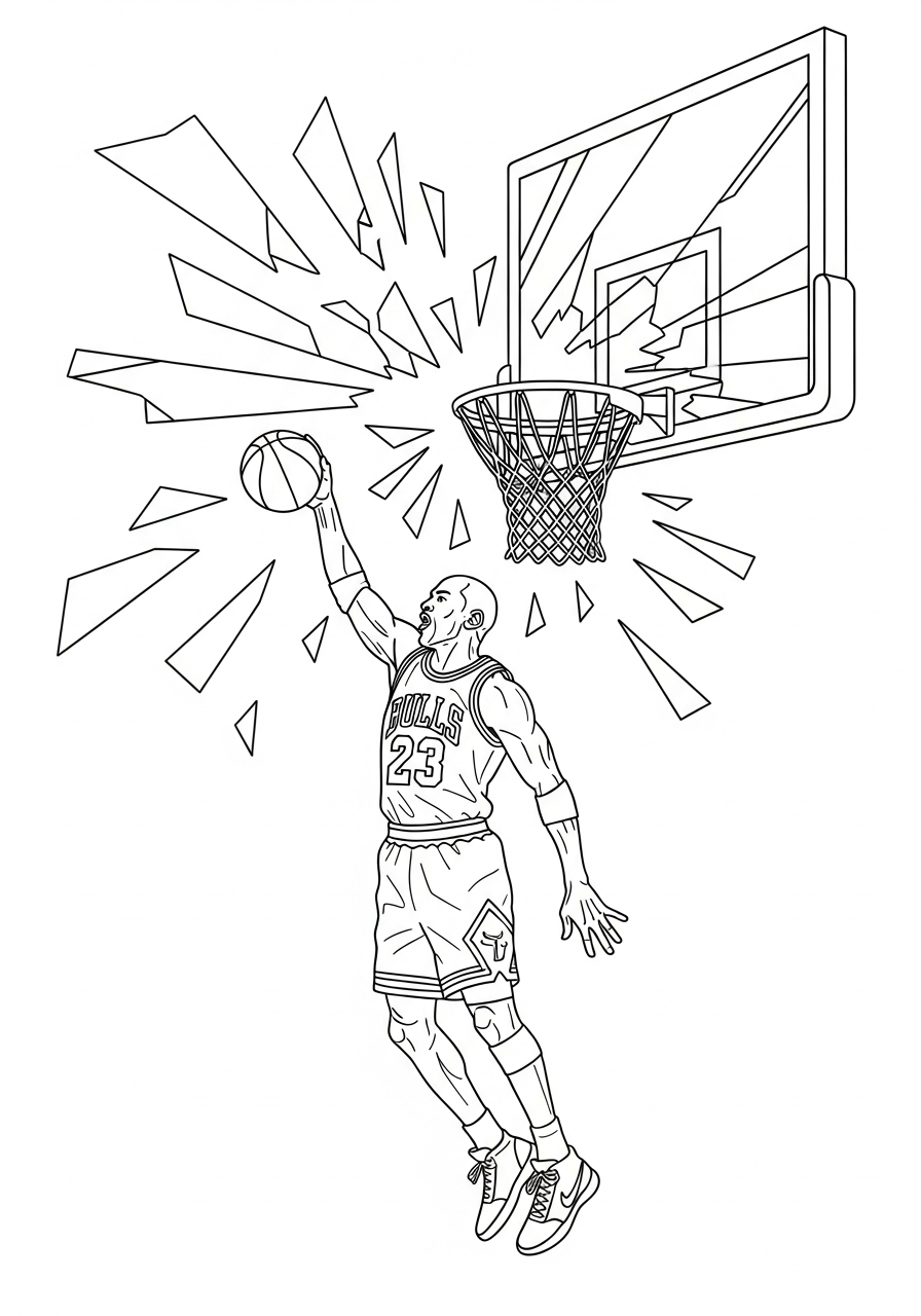 Michael Jordan Coloring Pages 28 Michael Jordan shattering backboard dunk coloring page