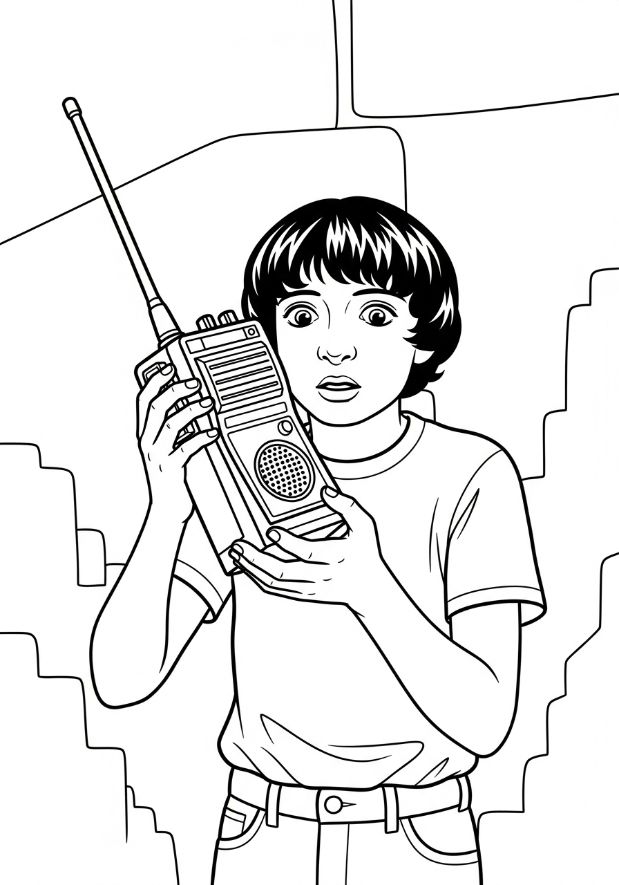 Stranger Things Coloring Pages 6 Mike Wheeler holding walkie-talkie Stranger Things coloring page