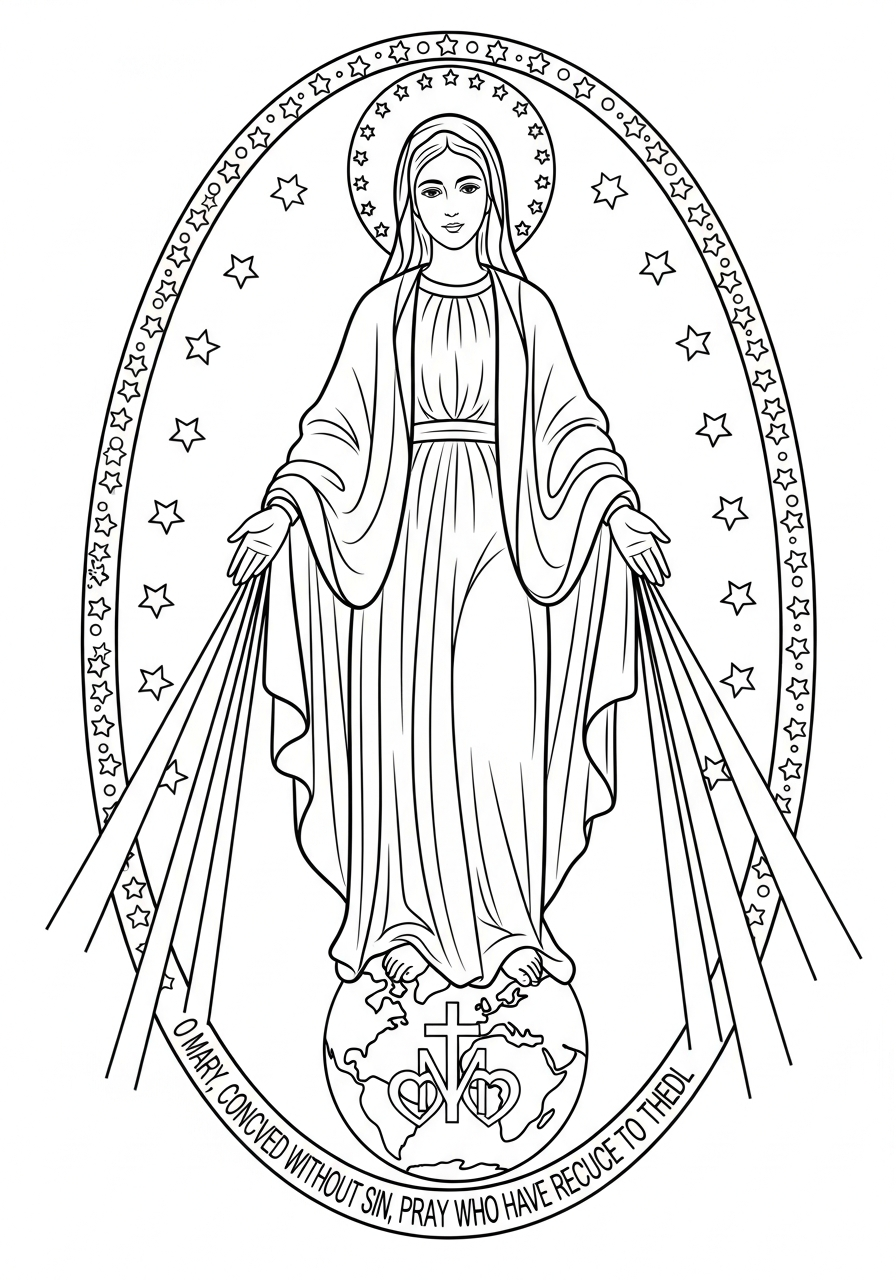 Miraculous Medal style Virgin Mary coloring page