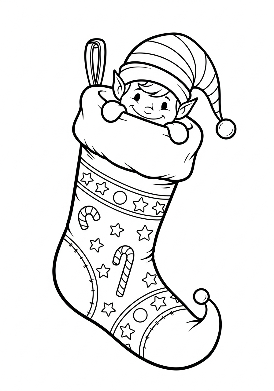 Mischievous elf hiding in Christmas Stocking coloring page