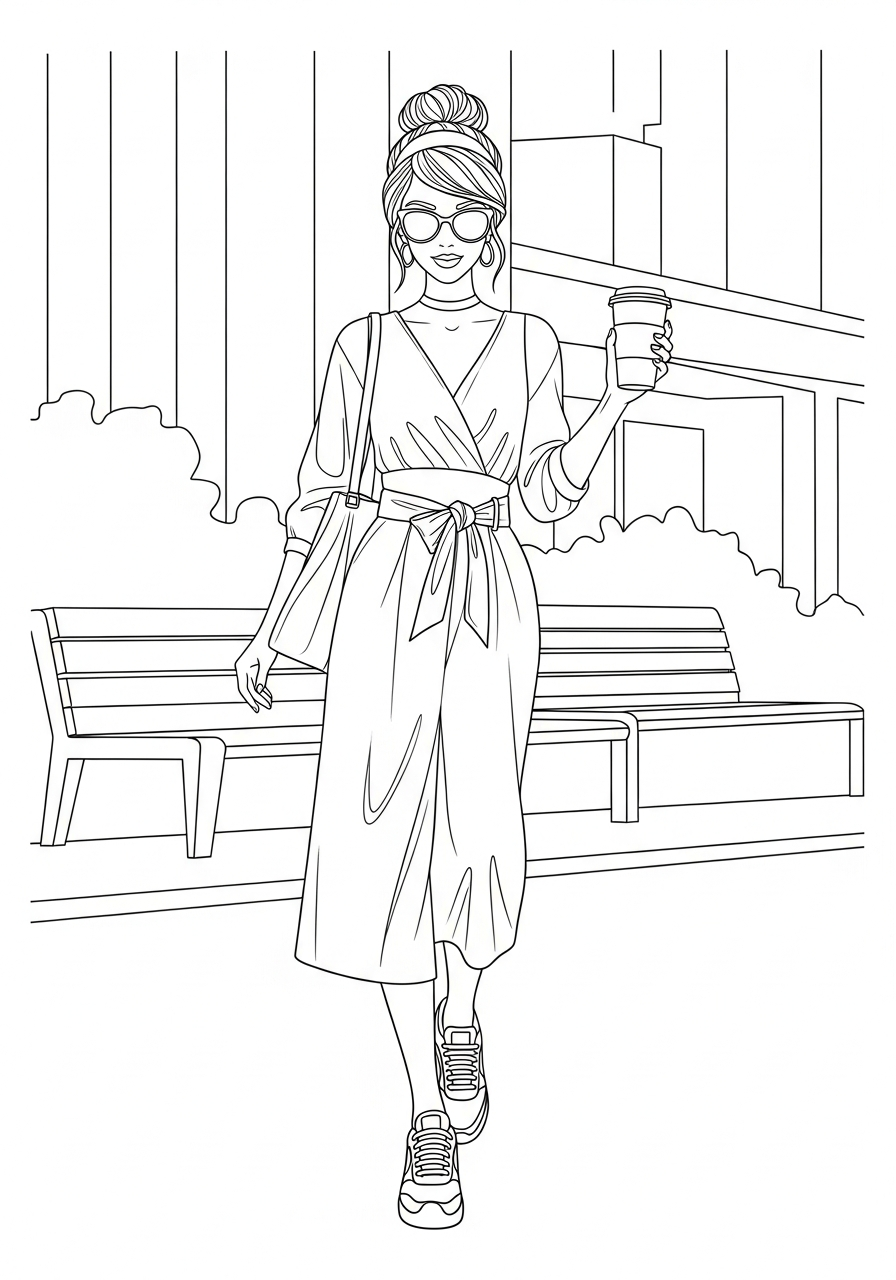 Modern fashion Cinderella with coffee coloring page