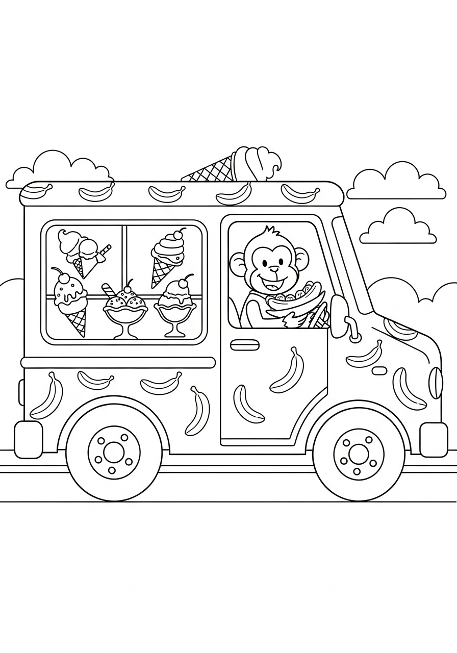 Monkey driving banana ice cream truck coloring page