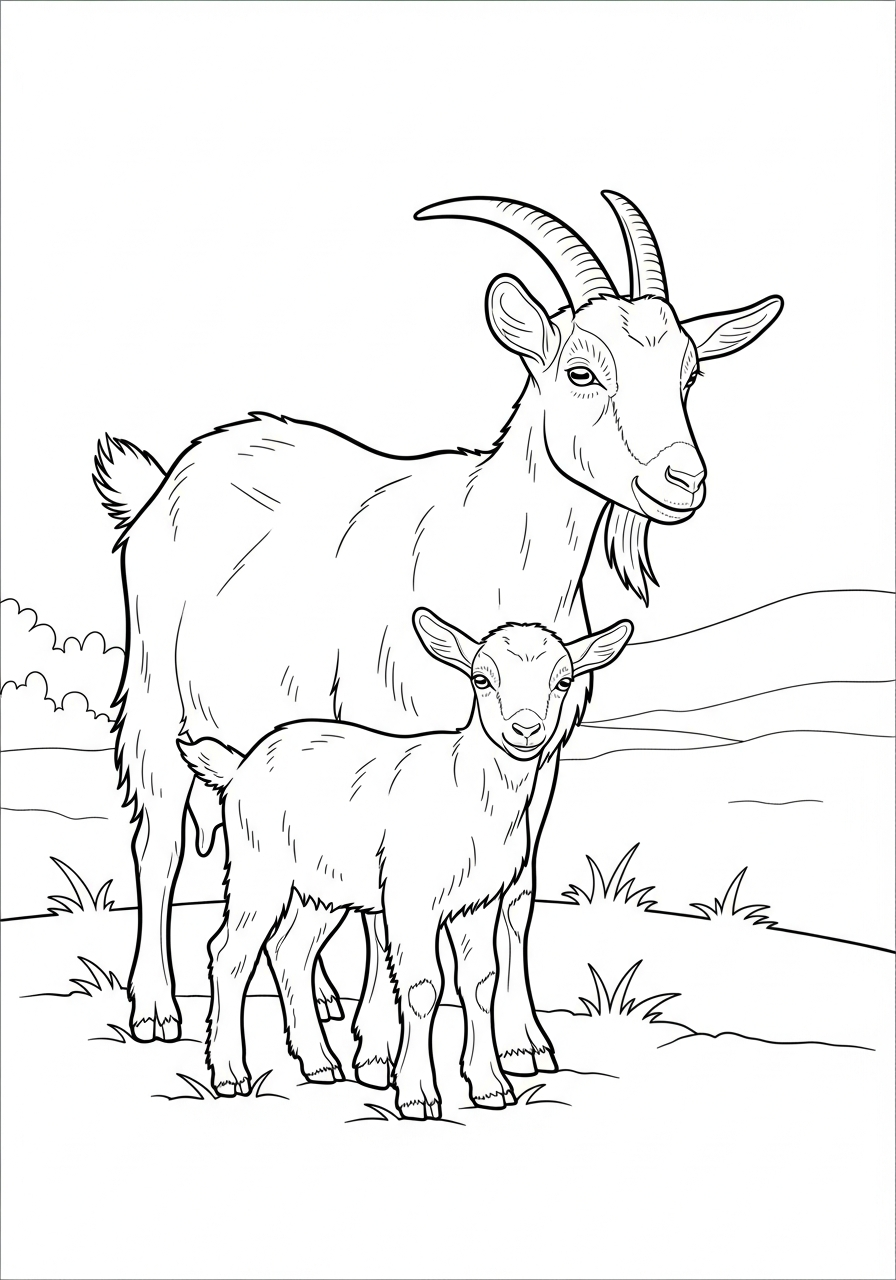 Mother goat and baby kid coloring page