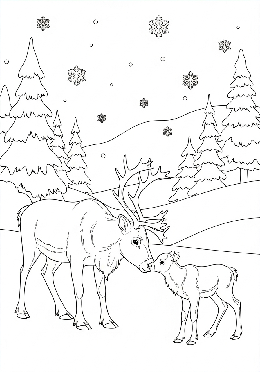 Reindeer Coloring Pages 12 Mother reindeer nuzzling baby calf coloring page