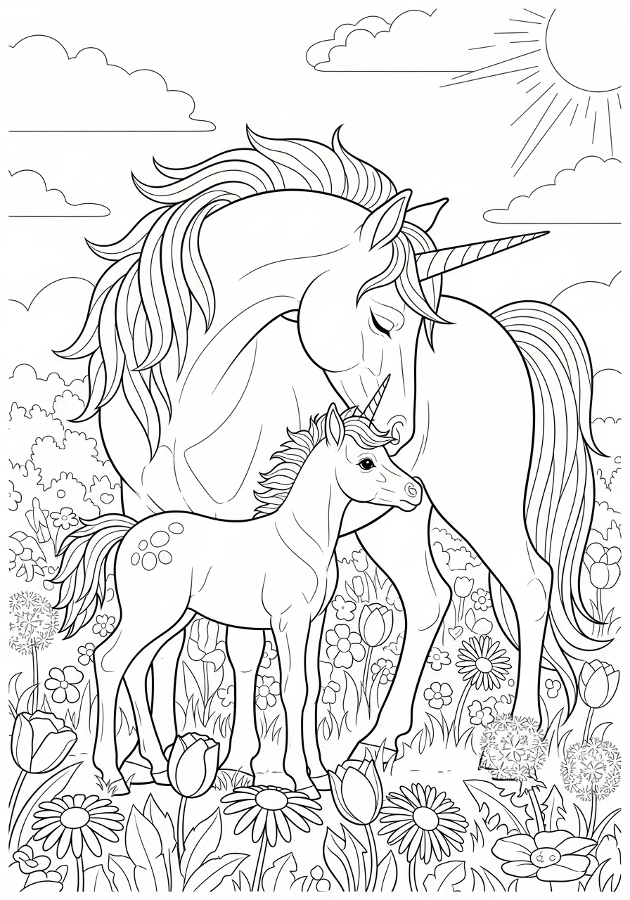 Unicorn Coloring Pages 13 Mother unicorn nuzzling baby foal coloring page