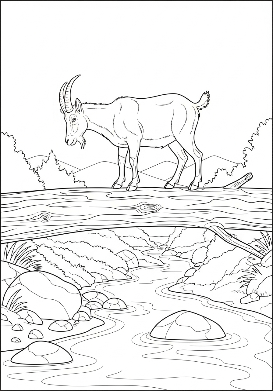 Mountain goat walking on log coloring page