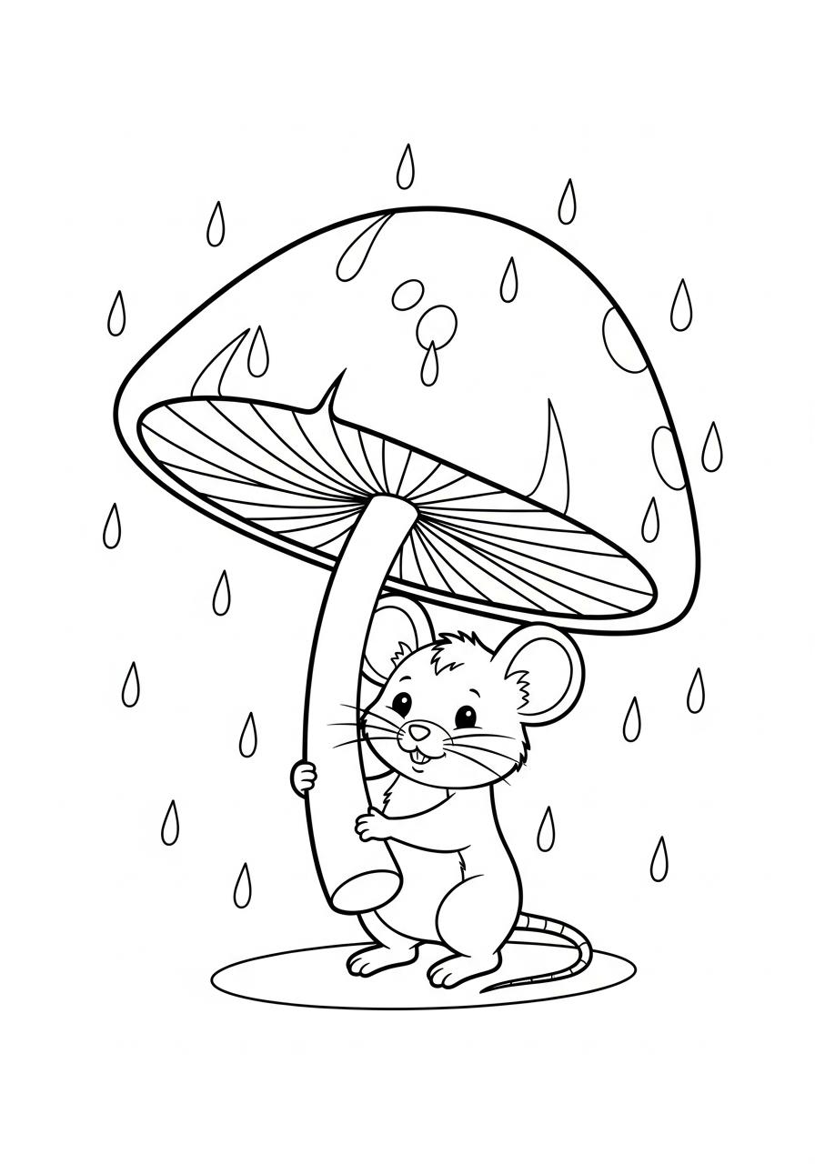 Mushroom Coloring Pages 24 Mouse using mushroom umbrella in rain coloring page