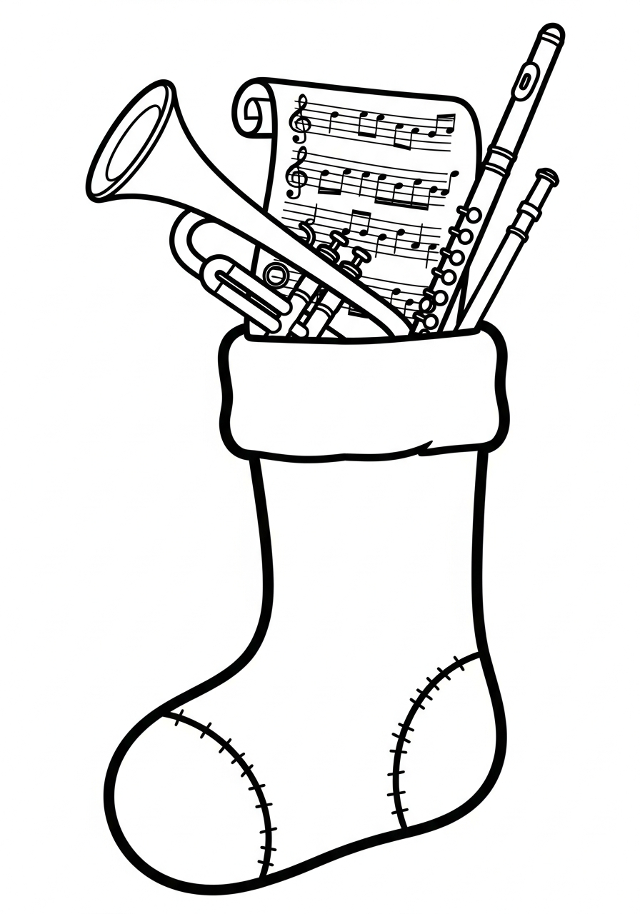 Musical instruments inside Christmas Stocking coloring page
