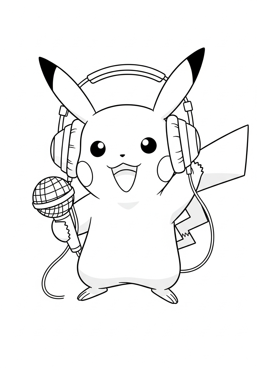 Pikachu Coloring Pages 17 Musician Pikachu singing microphone coloring page