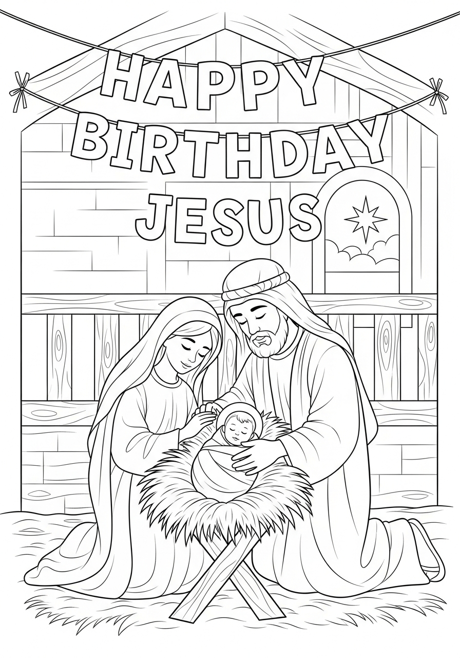Nativity stable with birthday banner coloring page
