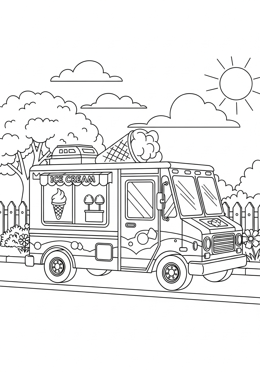 Neighborhood street scene ice cream truck coloring page