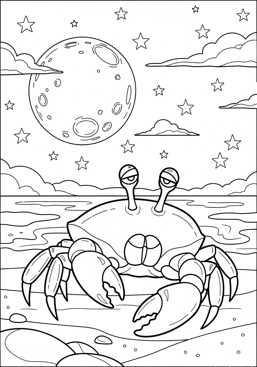 Crab Coloring Pages 25 Night beach scene crab coloring page