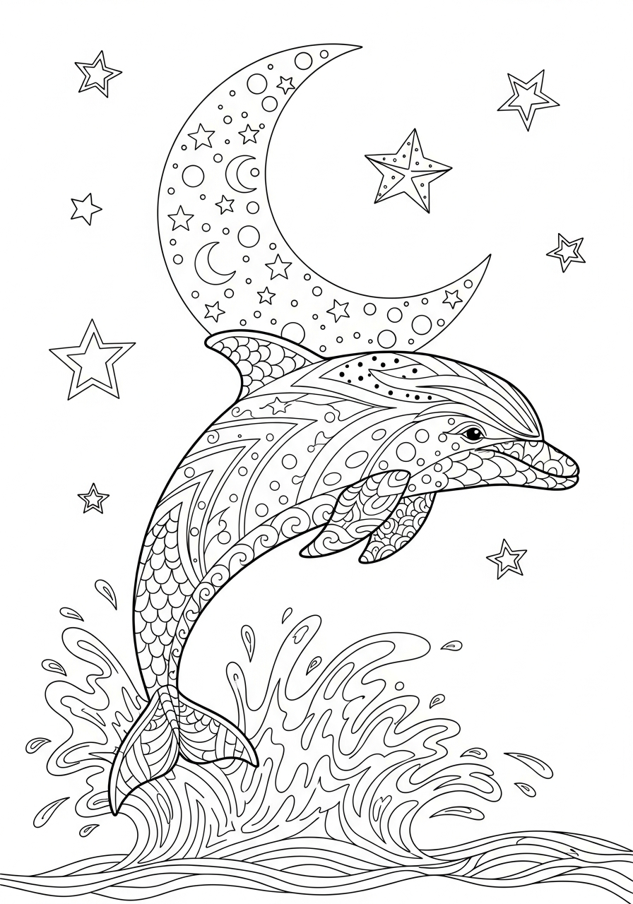 Dolphin Coloring Pages 26 Night scene dolphin jumping moon coloring page